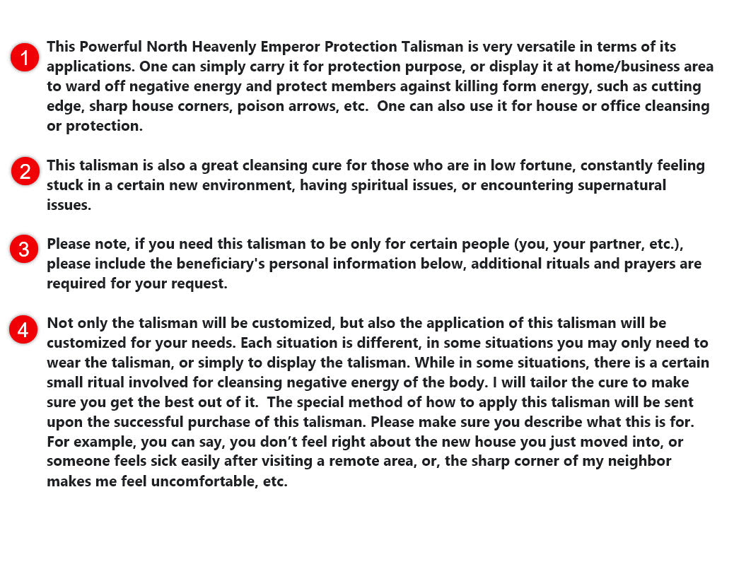 Consecrated Powerful North Heavenly Emperor Protection Talisman (with the customized cure)