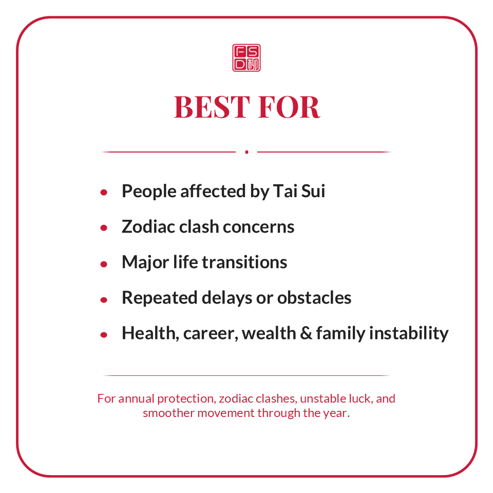 2027 Fan Tai Sui Amulet for zodiac clash protection, annual Tai Sui pressure, delays, setbacks, added challenges, and smoother movement through the year.