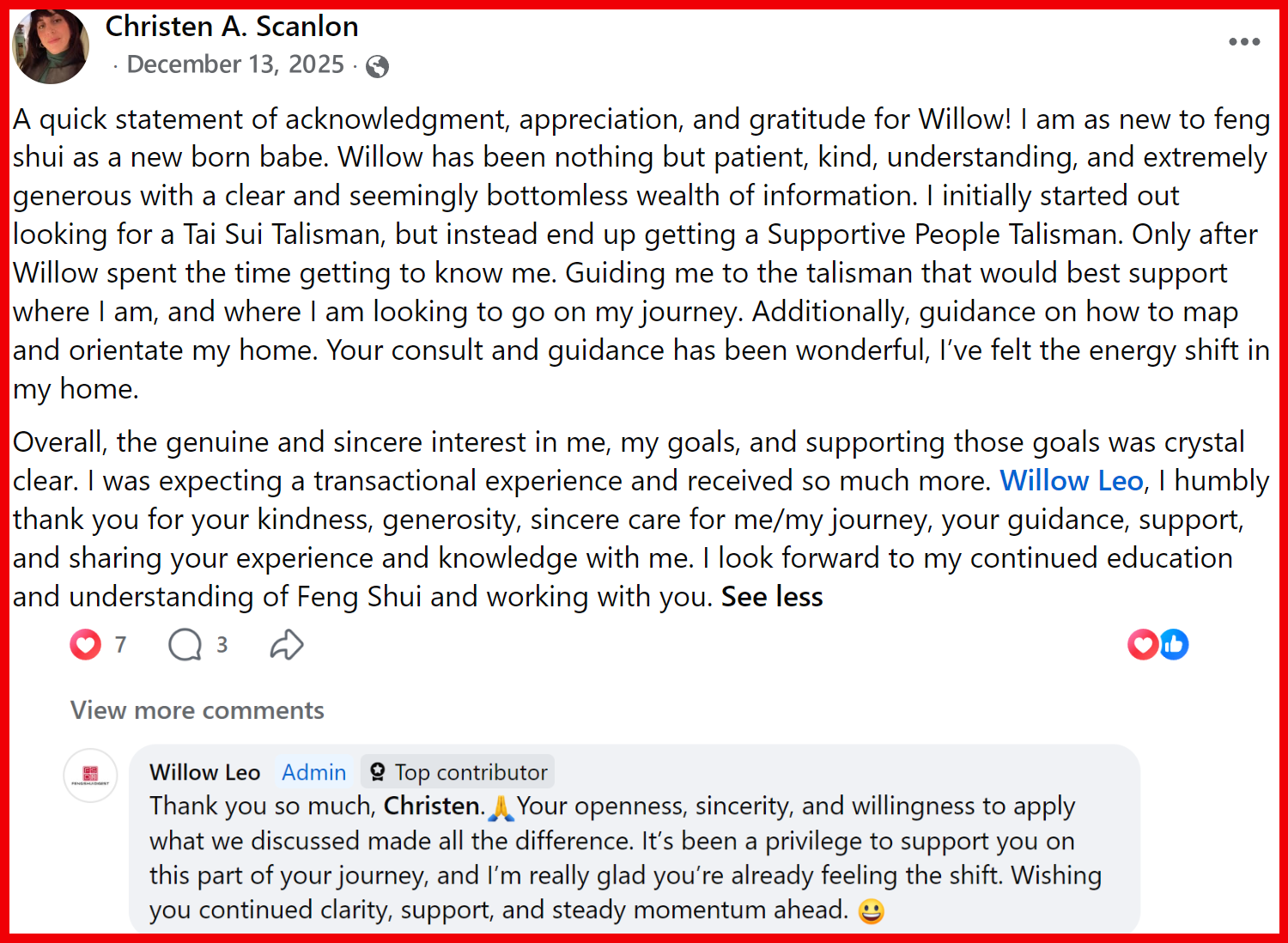 Client testimonial appreciating personalized Daoist talisman guidance, extra support, and life transition advice.