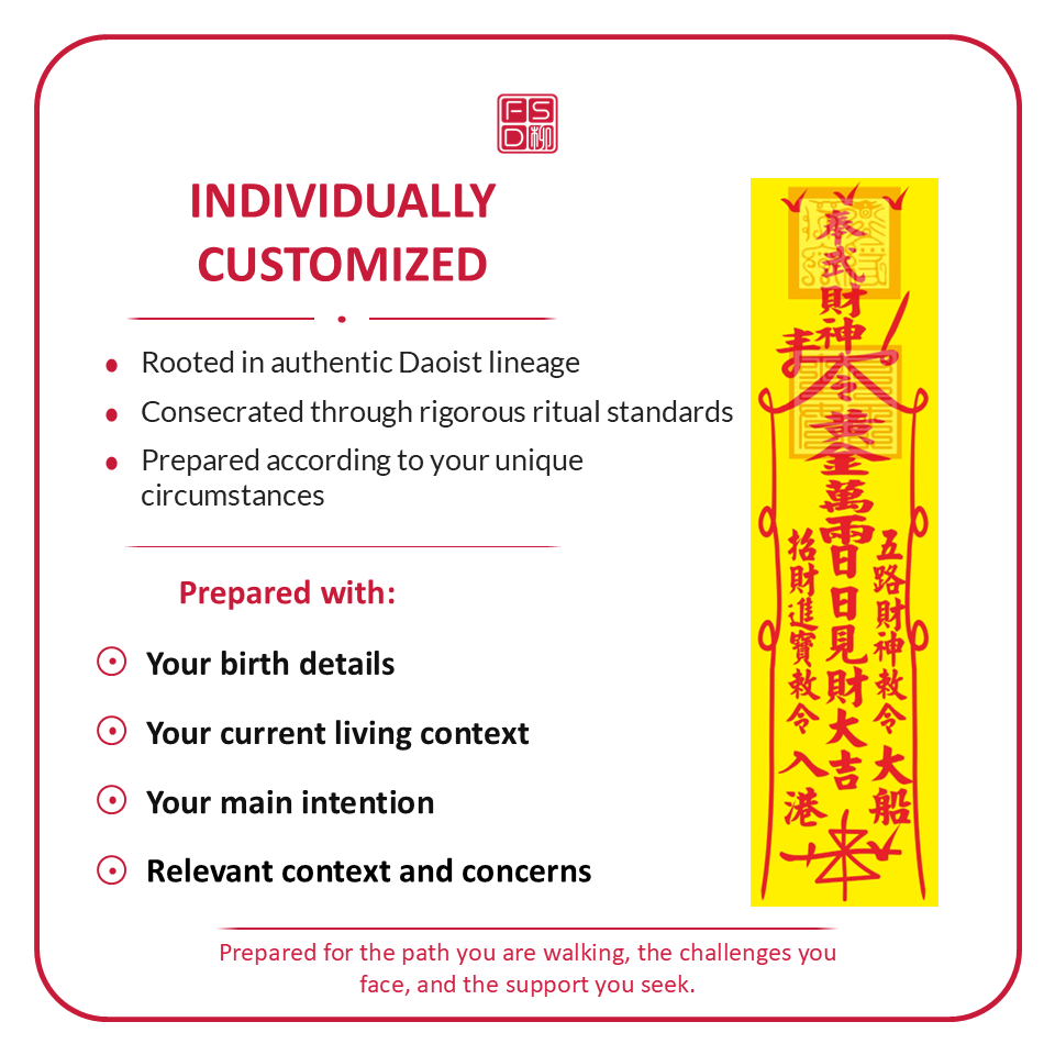 Custom consecrated God of Wealth Talisman prepared with birth details, intention, and wealth or business situation
