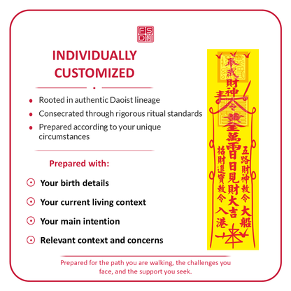 Custom consecrated God of Wealth Talisman prepared with birth details, intention, and wealth or business situation