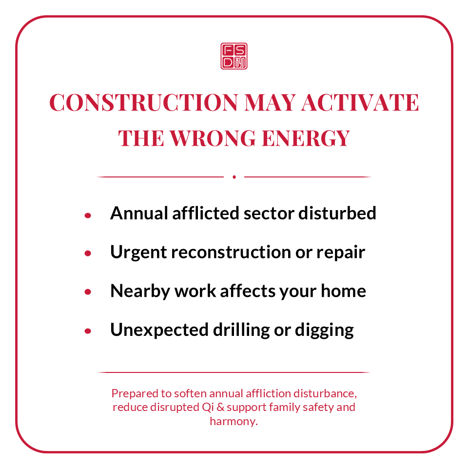 Feng Shui Renovation Protection Talisman prepared to soften annual affliction disturbance, reduce disrupted Qi, and support family safety and harmony during renovation or construction.
