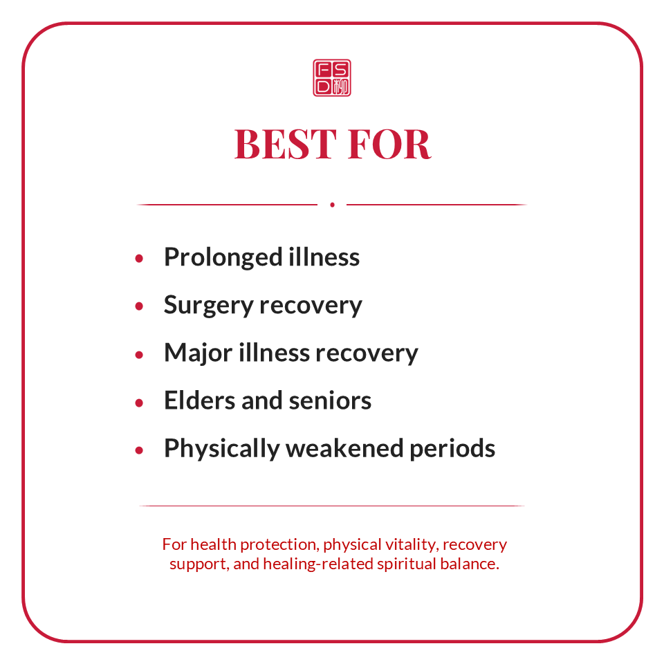 Best for prolonged illness, surgery recovery, major illness recovery, elders, seniors, physically weakened periods, health protection, and vitality support.