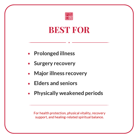 Best for prolonged illness, surgery recovery, major illness recovery, elders, seniors, physically weakened periods, health protection, and vitality support.