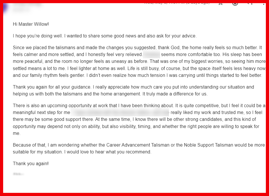 Client testimonial about Five Thunder Talisman and home protection talisman helping with heavy home energy, nightmares, and recovery.